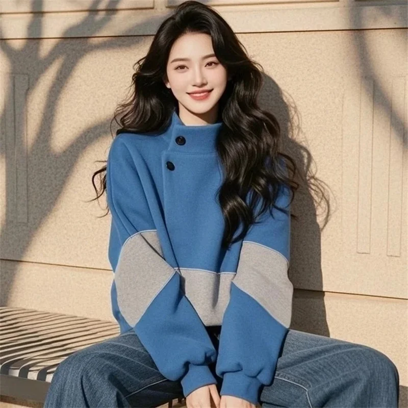 

Women's Spring Autumn winter Hoodie 2025 Super Beautiful Unique contrasting colors stand-up collar Loose pullover Outerwear Top