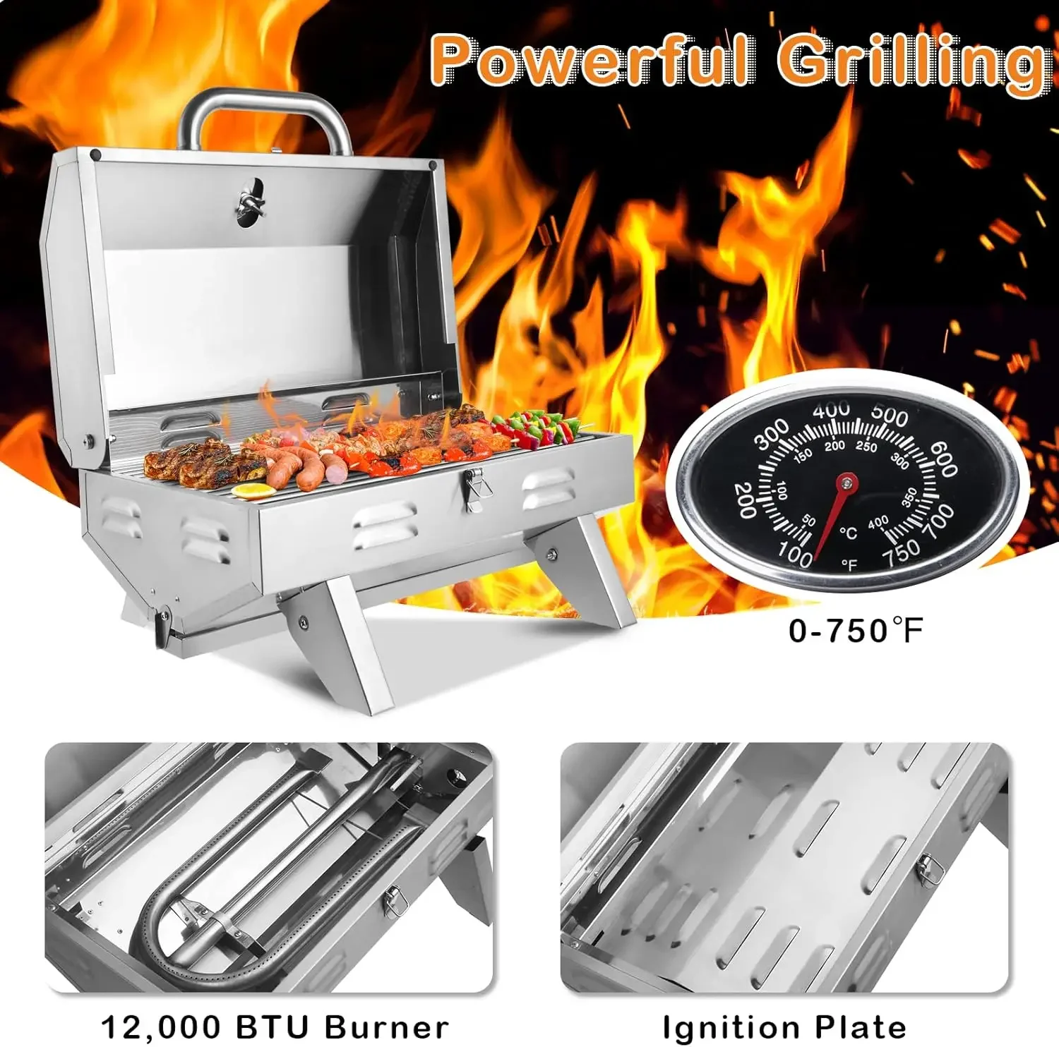 Gas Grill 12,000BTU, Tabletop Outdoor Cooking Grill for Picnic Camping RV Tailgating Patio Garden BBQ, Stainless Steel