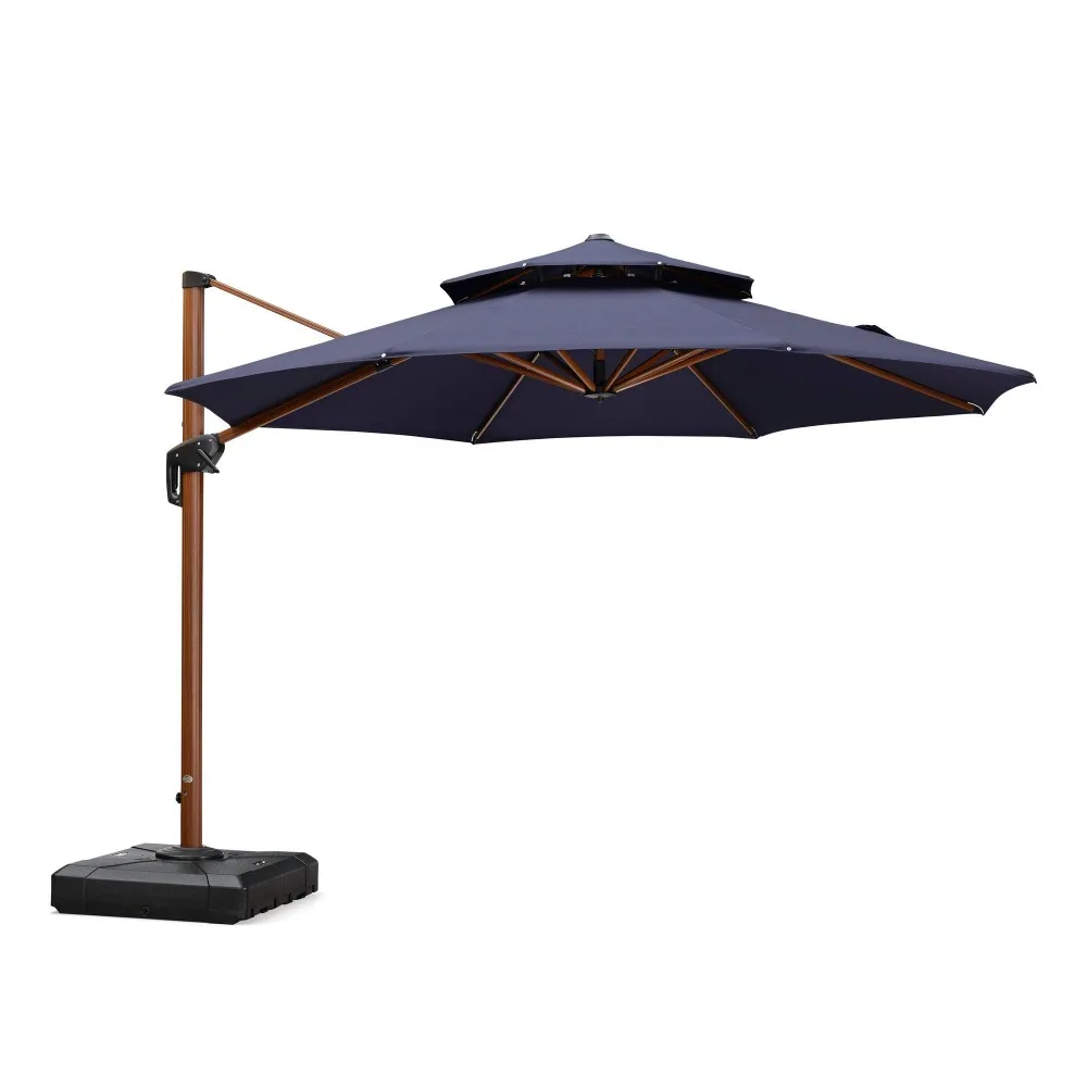 Patio Umbrella 11ft Double Top Wood-Grain Finish, Navy Blue | Braced frame holds firm, 240GSM fade-resistant fabric