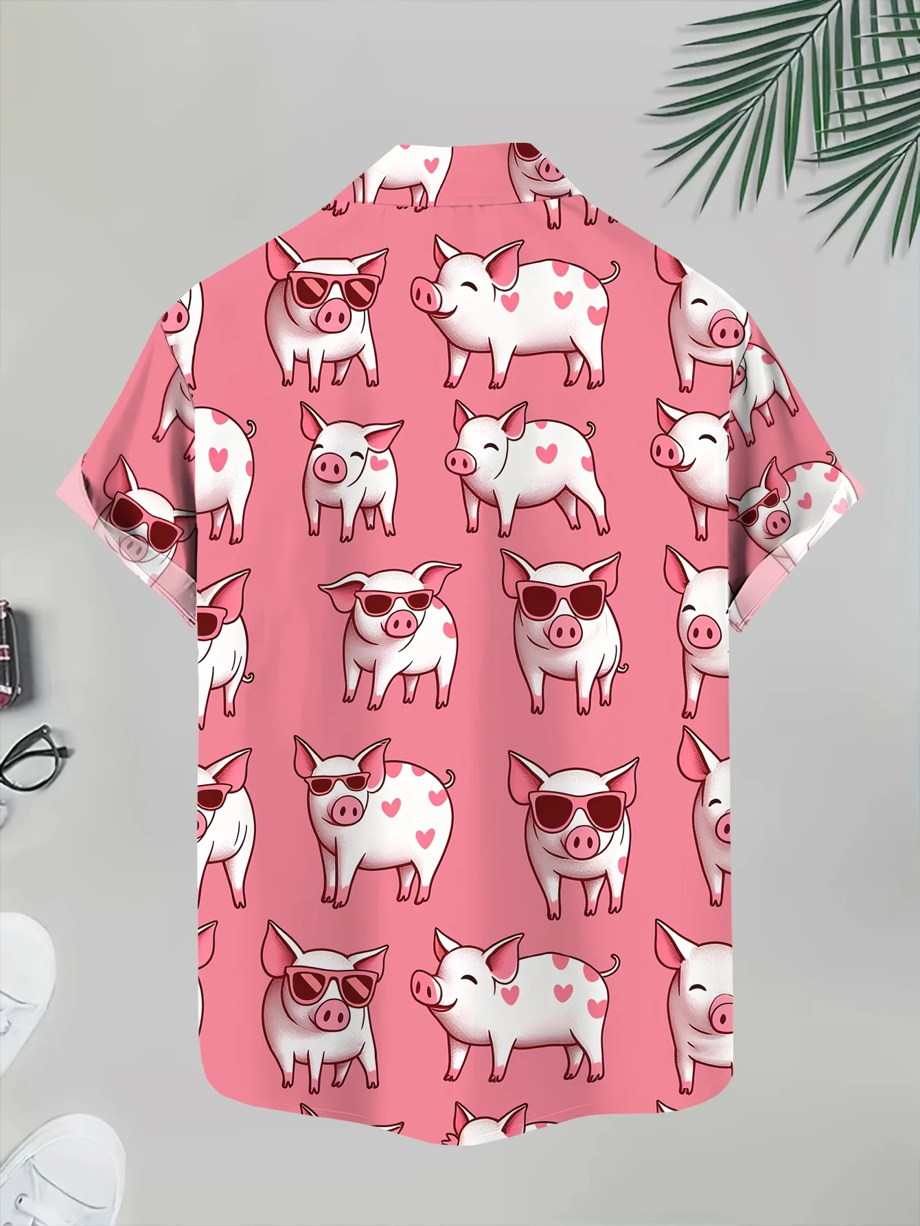 Men Short Sleeve Shirt Cute Pig Sunglasses Heart Print Turn‑Down Collar Button‑Up Beach Summer Top