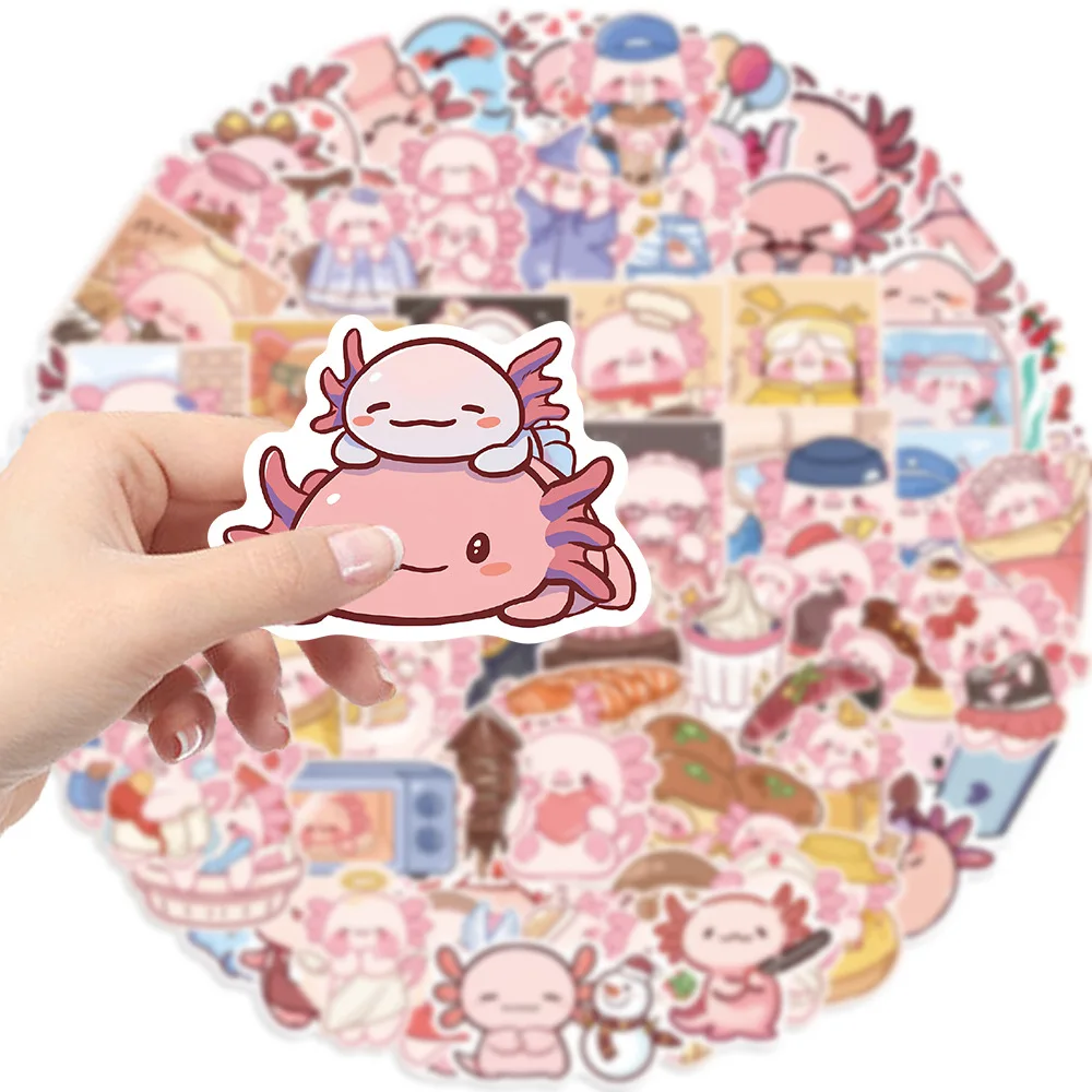 10/100Pcs Kawaii Cartoon Axolotl Stickers Animal Kids DIY Toy Gift Graffiti Decal for Phone Luggage Laptop Scrapbook Waterproof