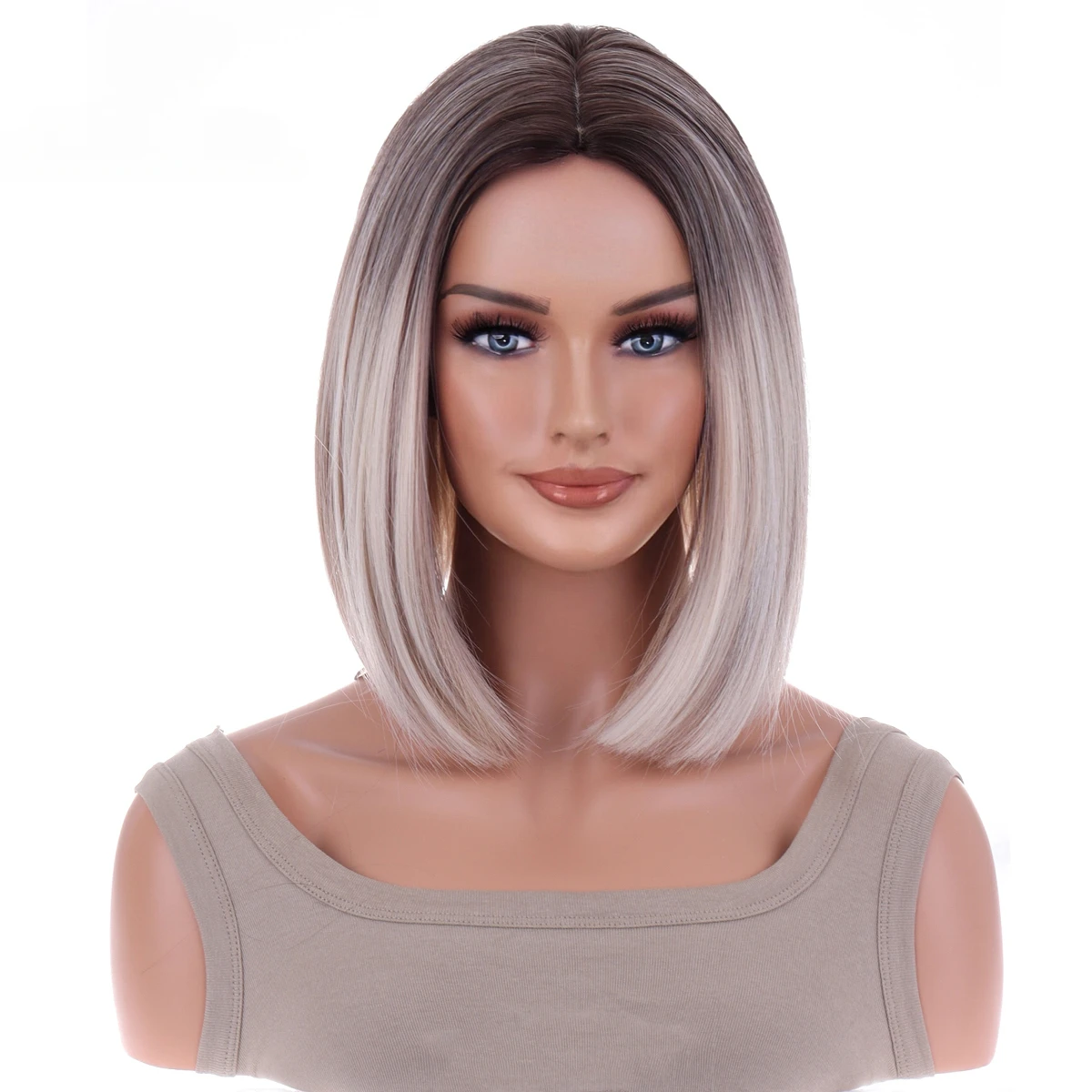 Silver-grey mixed wig with mid-part natural mid-length straight women synthetic wigs