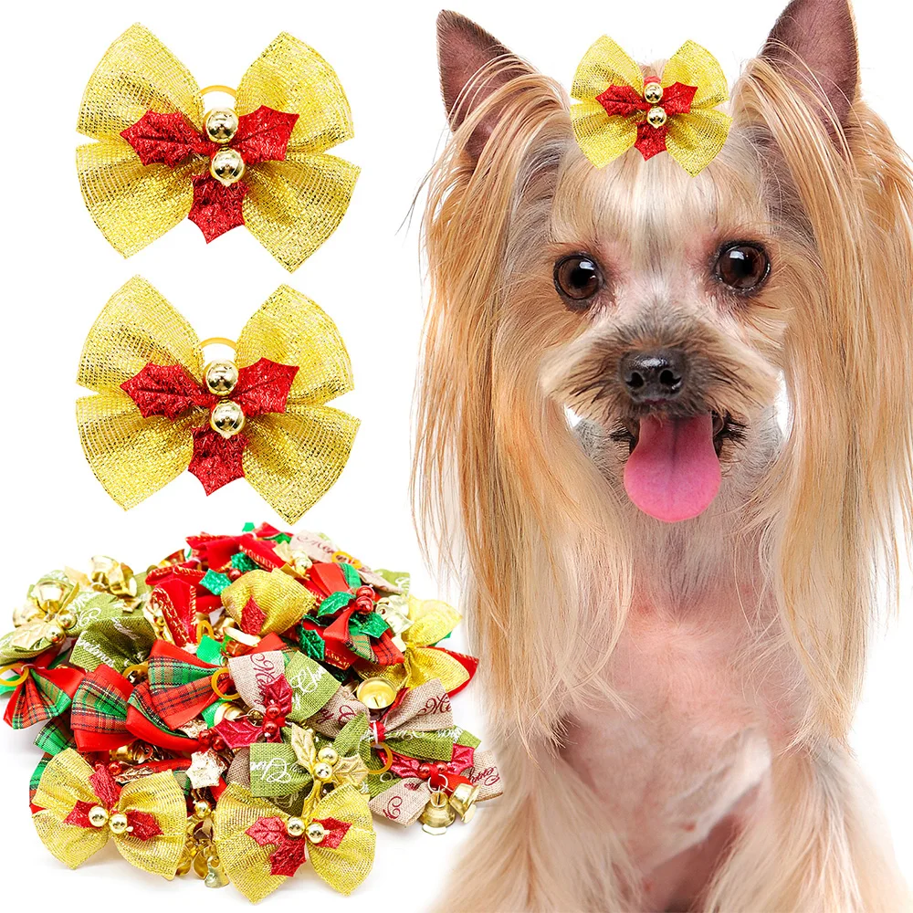 10PCS Christmas Dog Bows Handmade Grooming Accessories For Small Dogs Pet Puppy Bows Winter Cute Rubber Bands Dog Bowknots