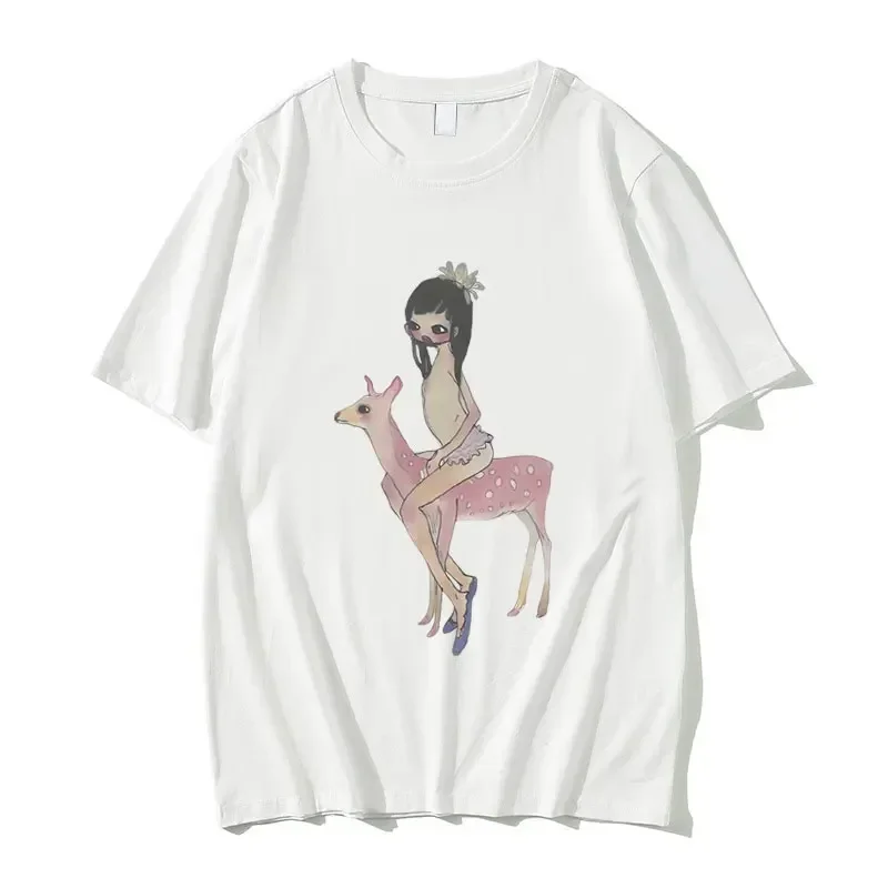 Yoshitomo Nara Aya Takano Grunge Girl Riding Pink Deer Art Baby Graphic T Shirts Funny Men Women's Cartoon Oversized T-shirt