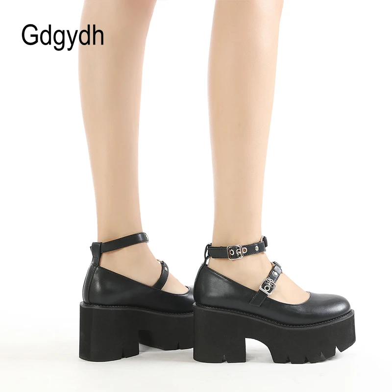 Gdgydh Block Heel Shoes Women Buckle Platform Black Gothic Cosplay Lolita Mary Janes Pumps Shoes Sweet Spring Summer Big Size