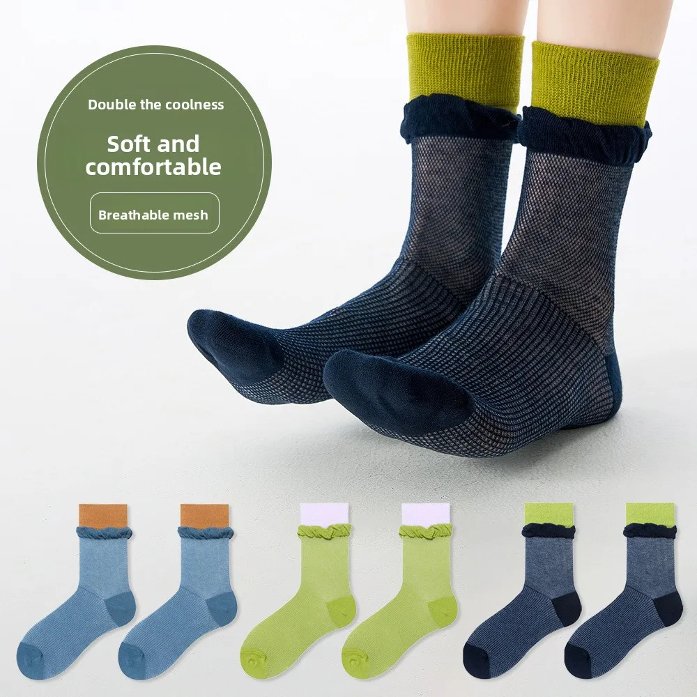 3 Pairs Summer Thin Color Block Patchwork Mid Calf Slouch Socks Breathable Mesh Seamless Cotton Socks for Men Women