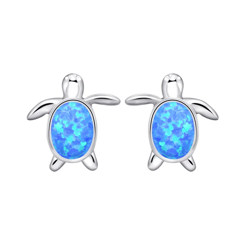 Sterling 925 Silver Turtle-shape Women's Earrings Inlaid with Blue Opal, Lovely Style for Animal Protection Party or as a Gift