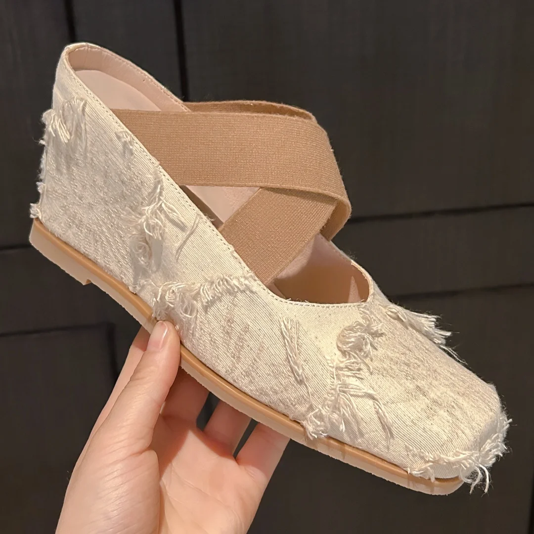 Women's fringe canvas fabric wedge summer mules square toe elastic band cross strap new slides sandals high quality shoes woman