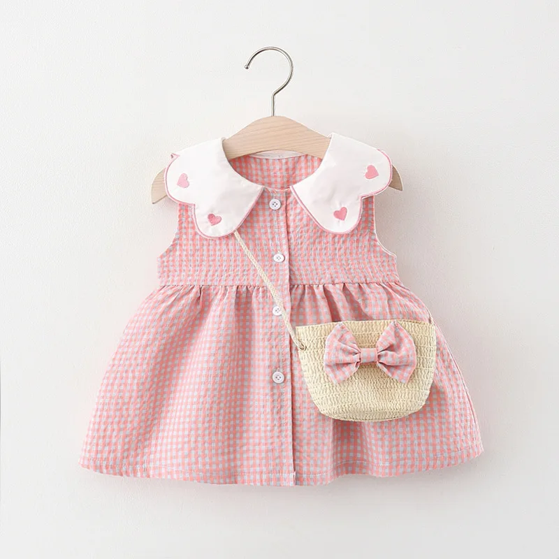 Baby Dress 2024 Summer New Girl's Bow Checkered Dress Children's Fragmented Flower Small Fresh Casual Dress+Bag Children's Wear