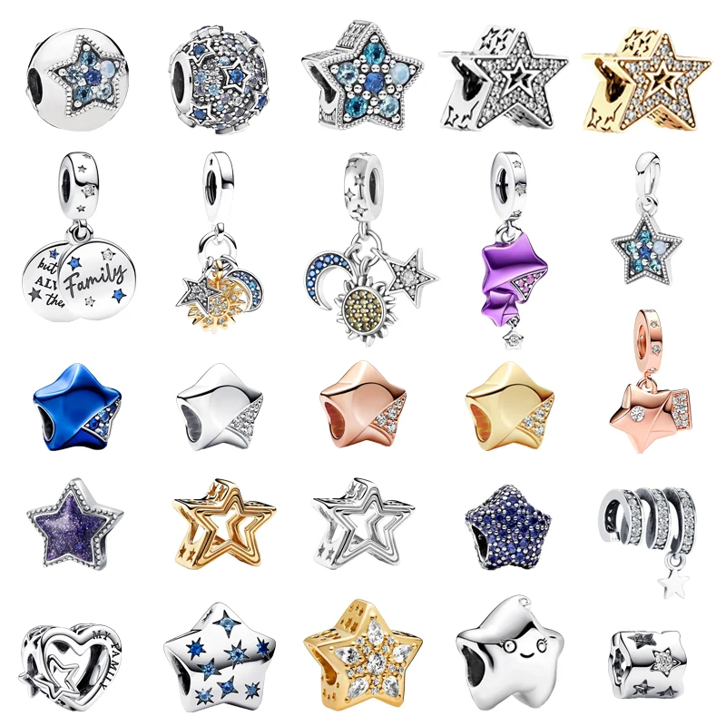 Authentic Fine Star Moon Sun Pendant Sparkling Asymmetric Star Charm Beads Fit Original 925 Silver Pandora Bracelet DIY Jewelry