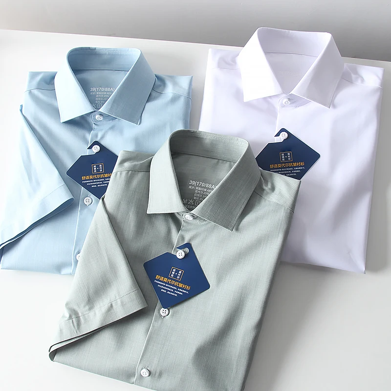 

Ultra-Thin Modal Men's Summer Busin Casual Elastic ort Sve irt Stand Fit Color-Woven Pure-Collared Iron-Free