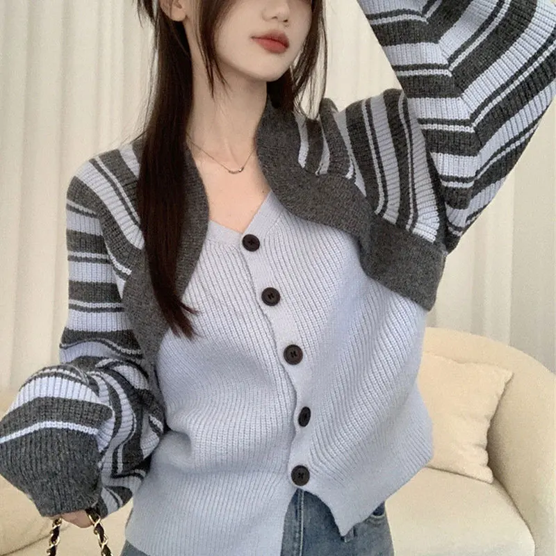 

Fake Two Pieces Striped Cardigan Autumn Winter Stylish Patchwork Female Clothing Casual V-Neck Loose Korean Knitted Sweaters New