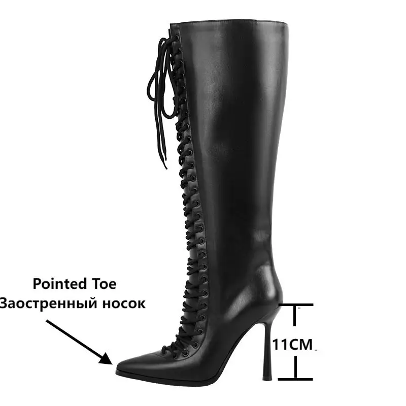 Onlymaker Pointed Toe Lace Up Faux Leather Knee-high Boots Thin Heel Side Zipper Fashion Elegant Boots