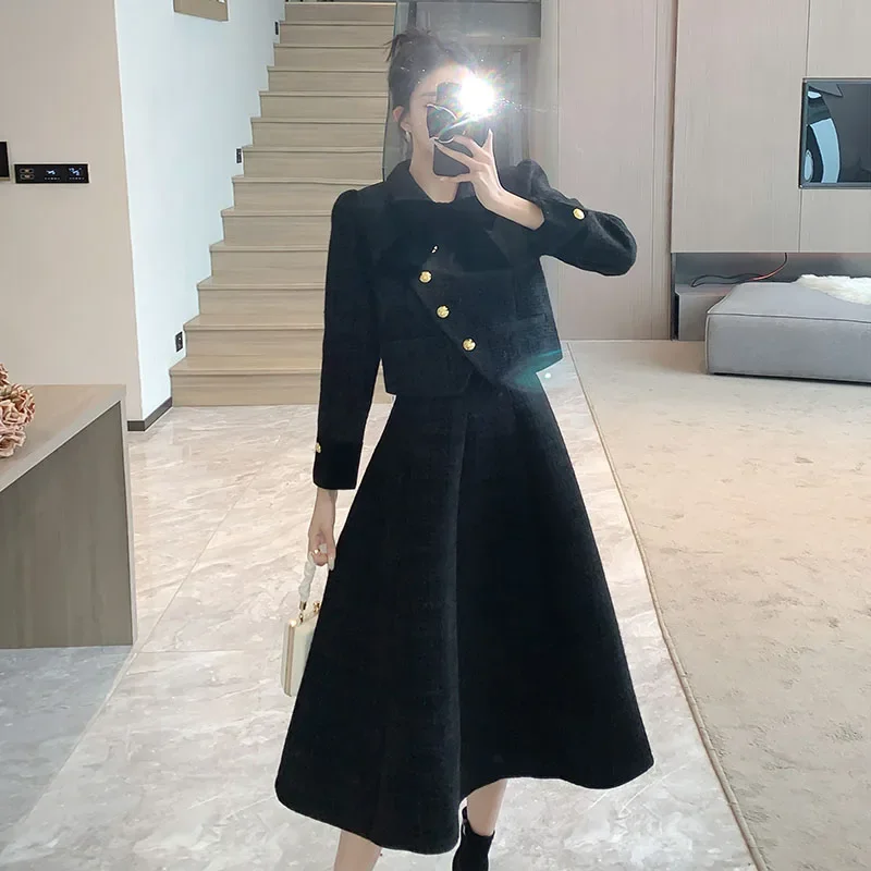 In Stock: 2023 Winter New Quality Elegant Suit Set Padded Jacket + Mid-length Skirt Two-piece Set for Women Female Office Lady