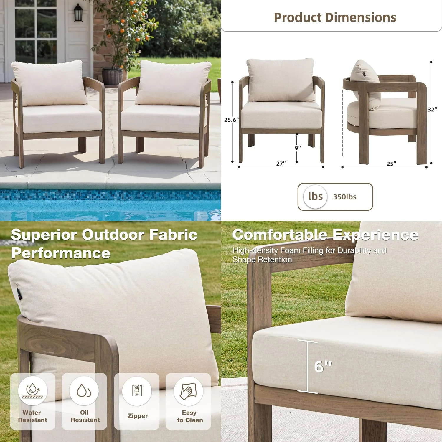 

Metal Frame Patio Armchair Set 2Pcs 6in Thick Cushions All Weather Backyard Porch Deck Beige Customized
