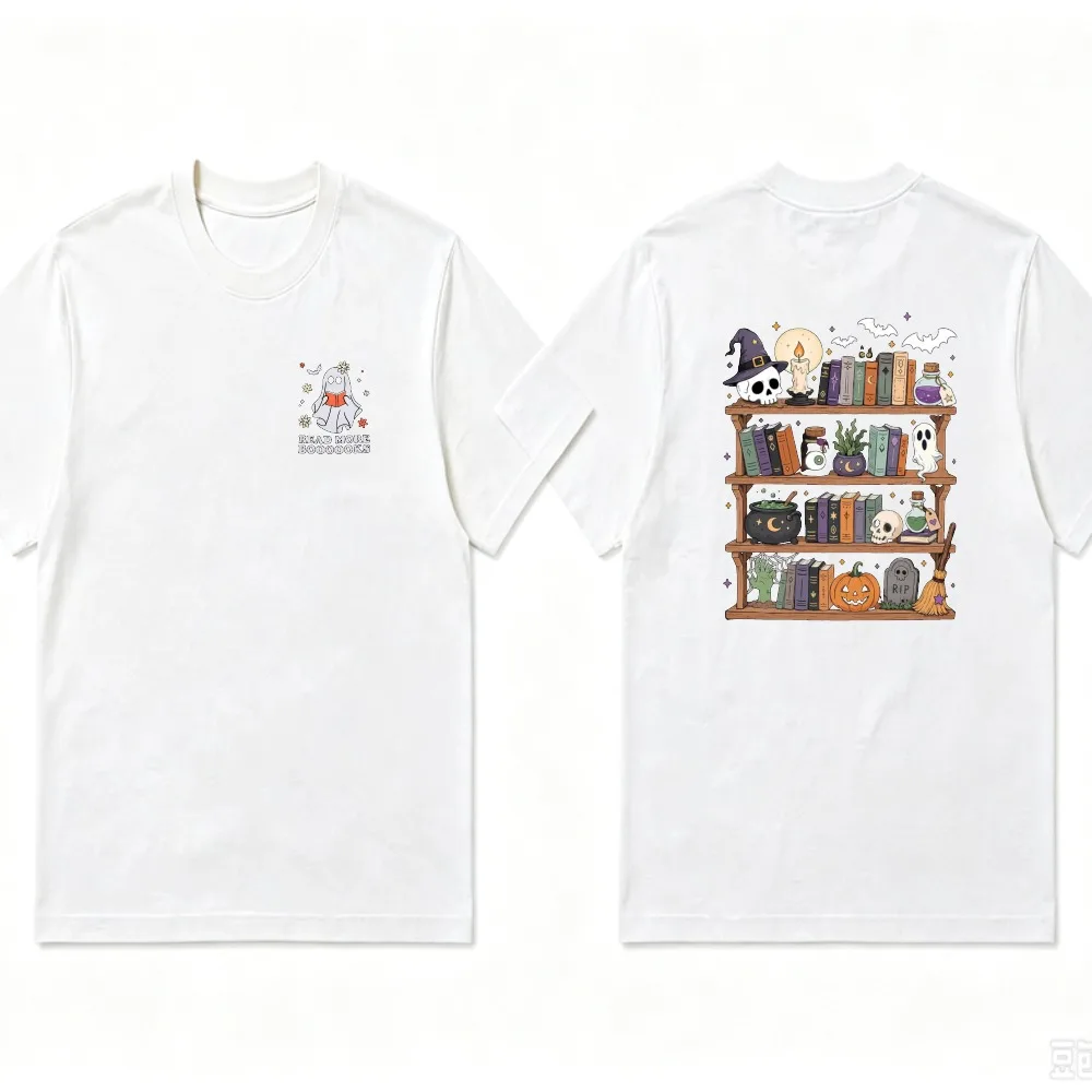 Halloween Witch Bookshelf Graphic T‑Shirt Men Women Double‑Sided Print Tees Skull Ghost Pumpkin Potion Bottle Casual Cotton Top