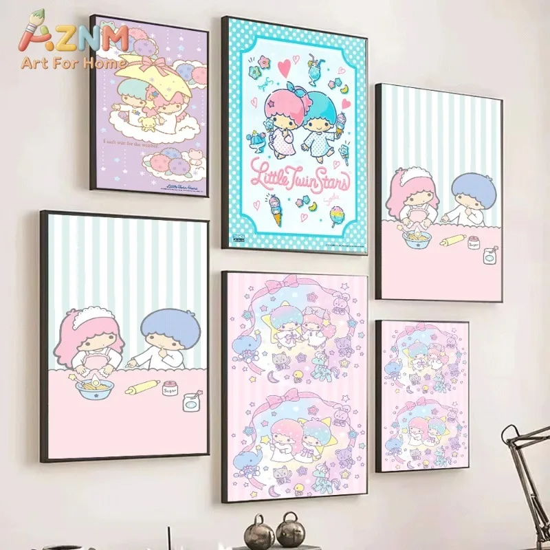 Sanrio Little Twin Stars Purple Cloud Umbrella Canvas Wall Art Unframed Canvas Poster Print for Girls Bedroom Home Decor Gift
