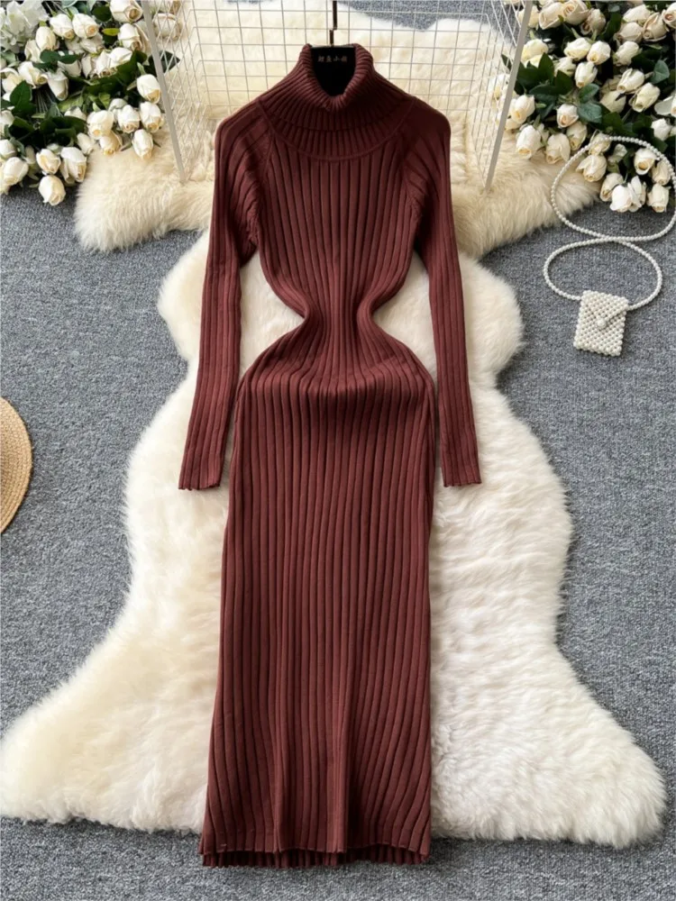 Autumn Solid Knitted Dresses for Women Elegant Turtleneck Bodycon Party Dress Female Casual Slim Party Prom Vestidos Mujer New