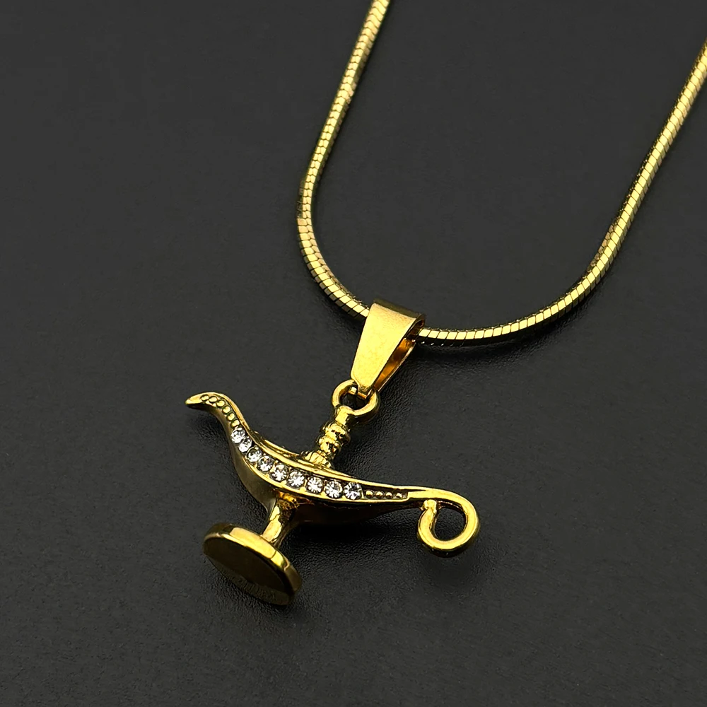Vintage Aladdin Lamp Rhinestones Pendant Necklace for Women Men Stainless Steel Gold Color Snake Chain Necklaces Jewelry Gift