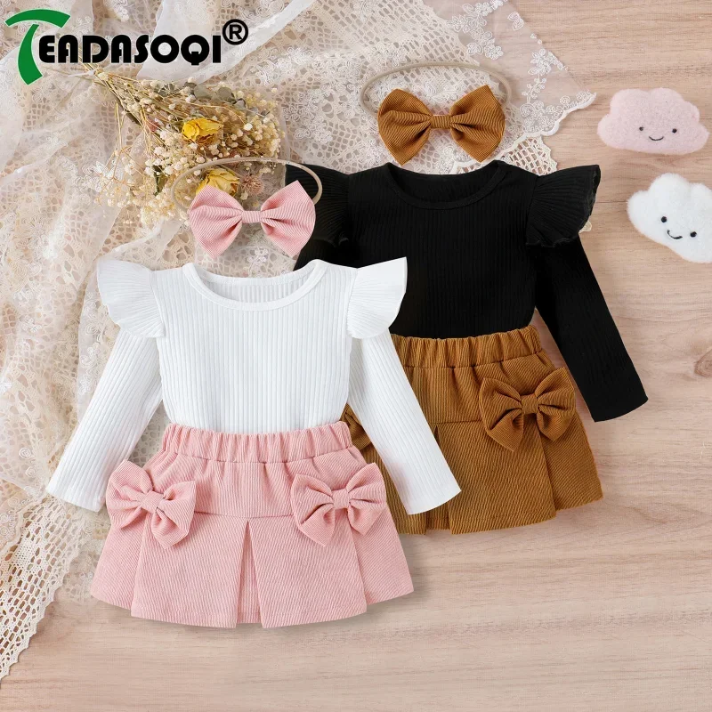 

0-3Y New Baby Girls Clothing Outfits Newborn Flying Sleeve Ribbed Tops and Corduroy Mini Skirt Headband Set Infant Clothes Suit