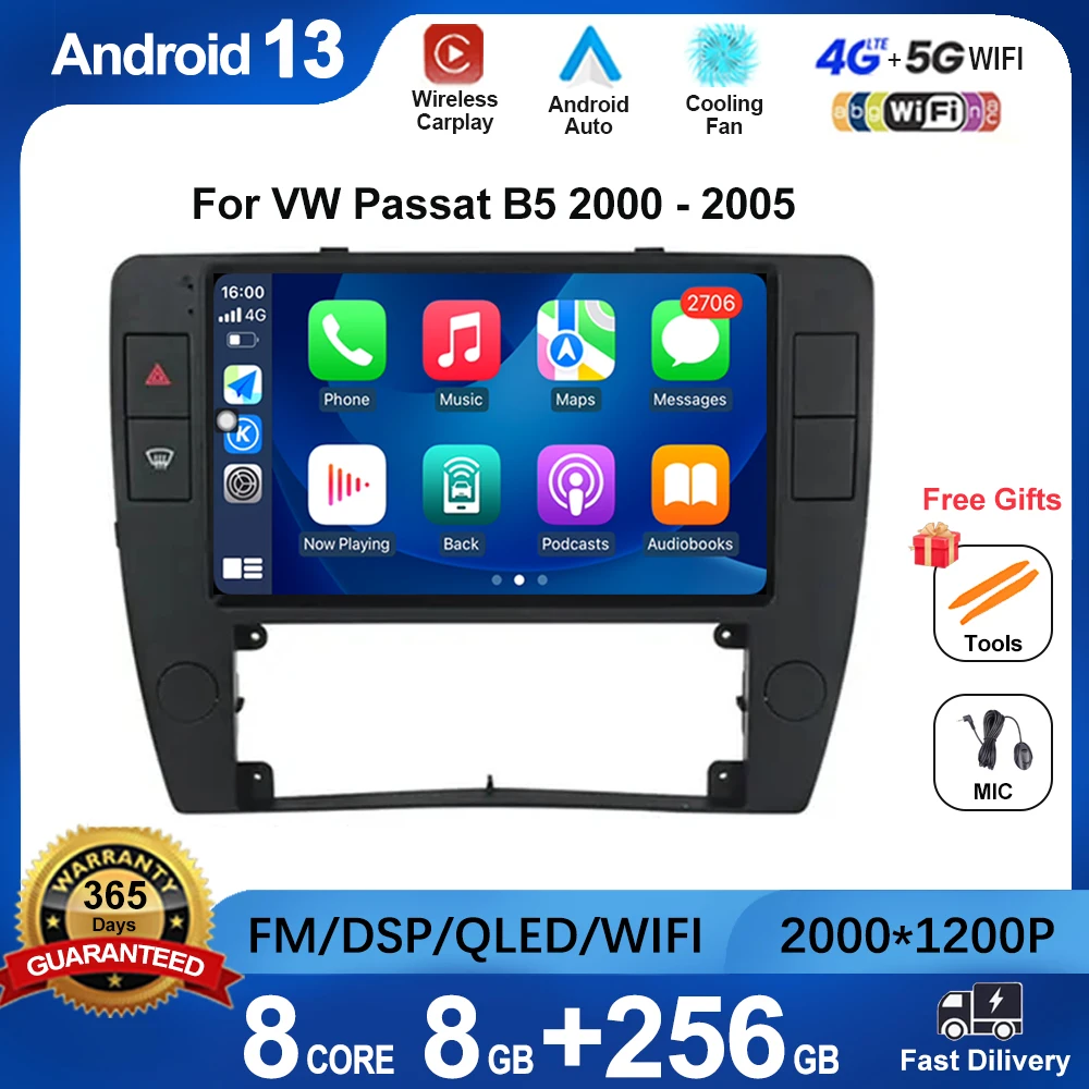 

9" Radio Car Multimedia Autoradio For VW Passat B5 2000 - 2005 360 Camera Android 13 CarPlay 4G GPS RDS HD Recorder NO 2 Din