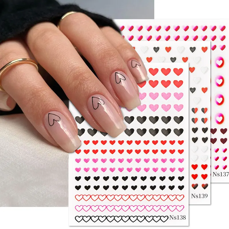 Czarny biały wzór serca miłosnego 3D naklejka na paznokcie na walentynki brokat czerwony samoprzylepny suwak naklejki Manicure NailDecoratio