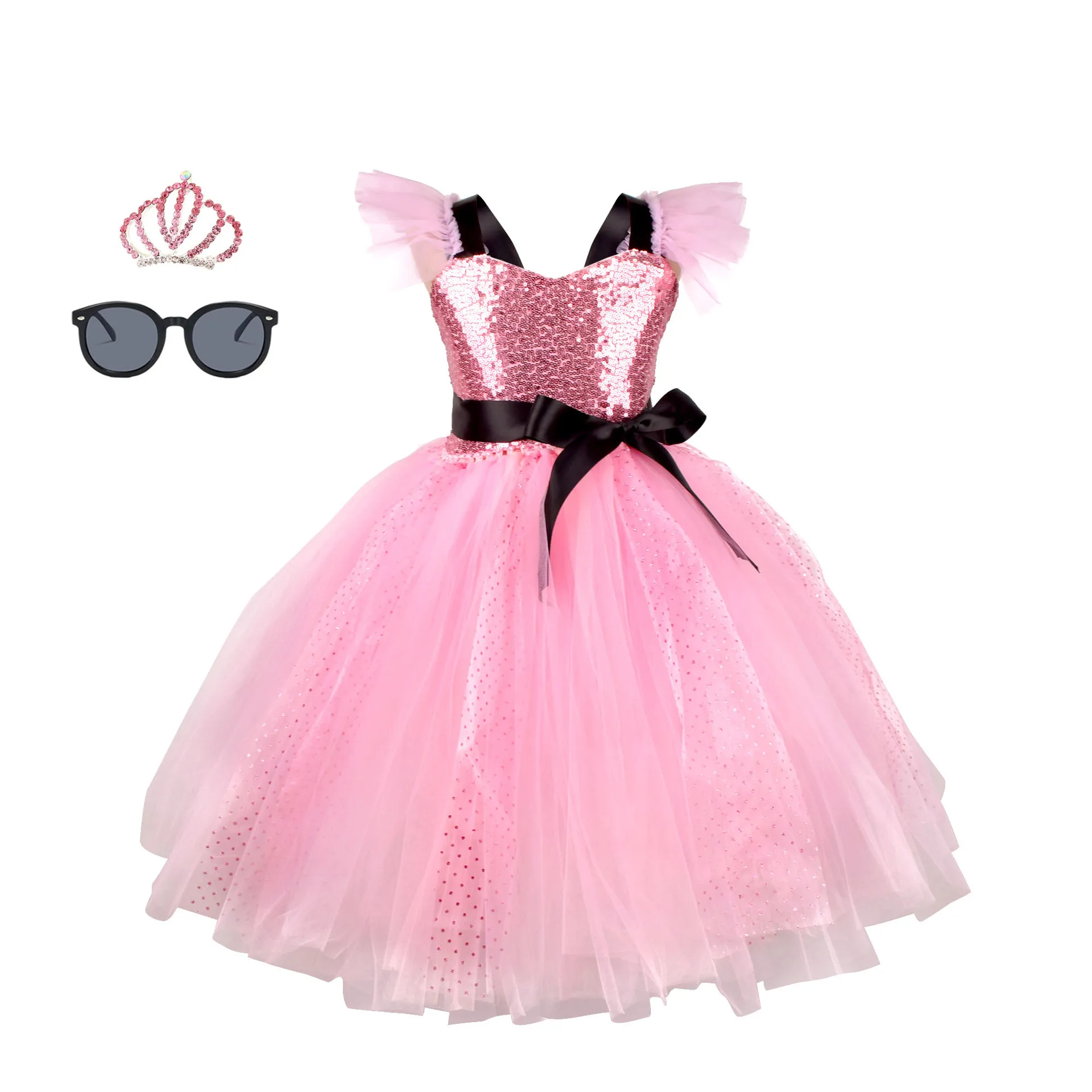 

Cute Girls Pink Sequins Mid Length Tutu Dress Princess Birthday Party Shiny Costume Toddler Girl Fashion Barbi Cosplay Costumes