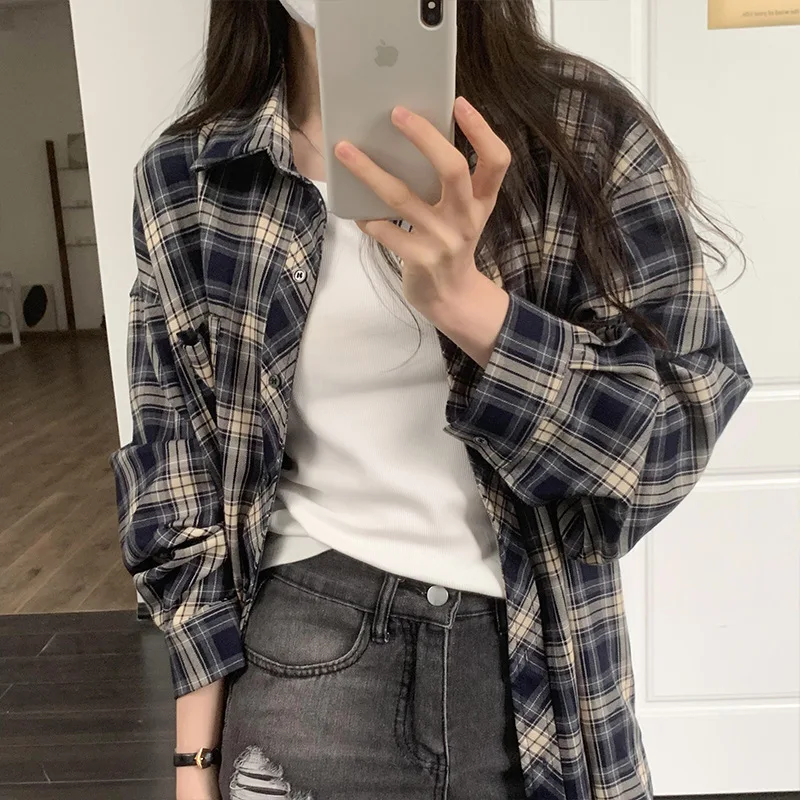 South Korea Dongdaemun 2024 Autumn New Women's Clothing Korean Version of Good Thingsethickened Plaid Long-sleeved Shirt Tide