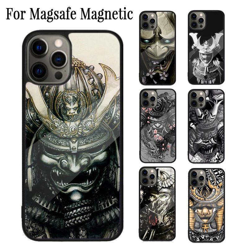 Samurai Mask Warrior Helmet Magnetic Phone Case For iPhone 16 15 14 Plus 13 12 Mini 11 Pro Max Magsafe Wireless Charging Cover