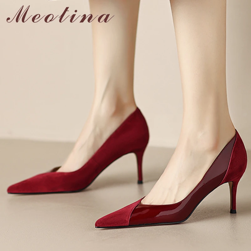 

Meotina Women Genuine Leather Pointed Toe Pumps Thin High Heels Ladies Kid Suede Splicing Shoes Wedding Spring Autumn Black