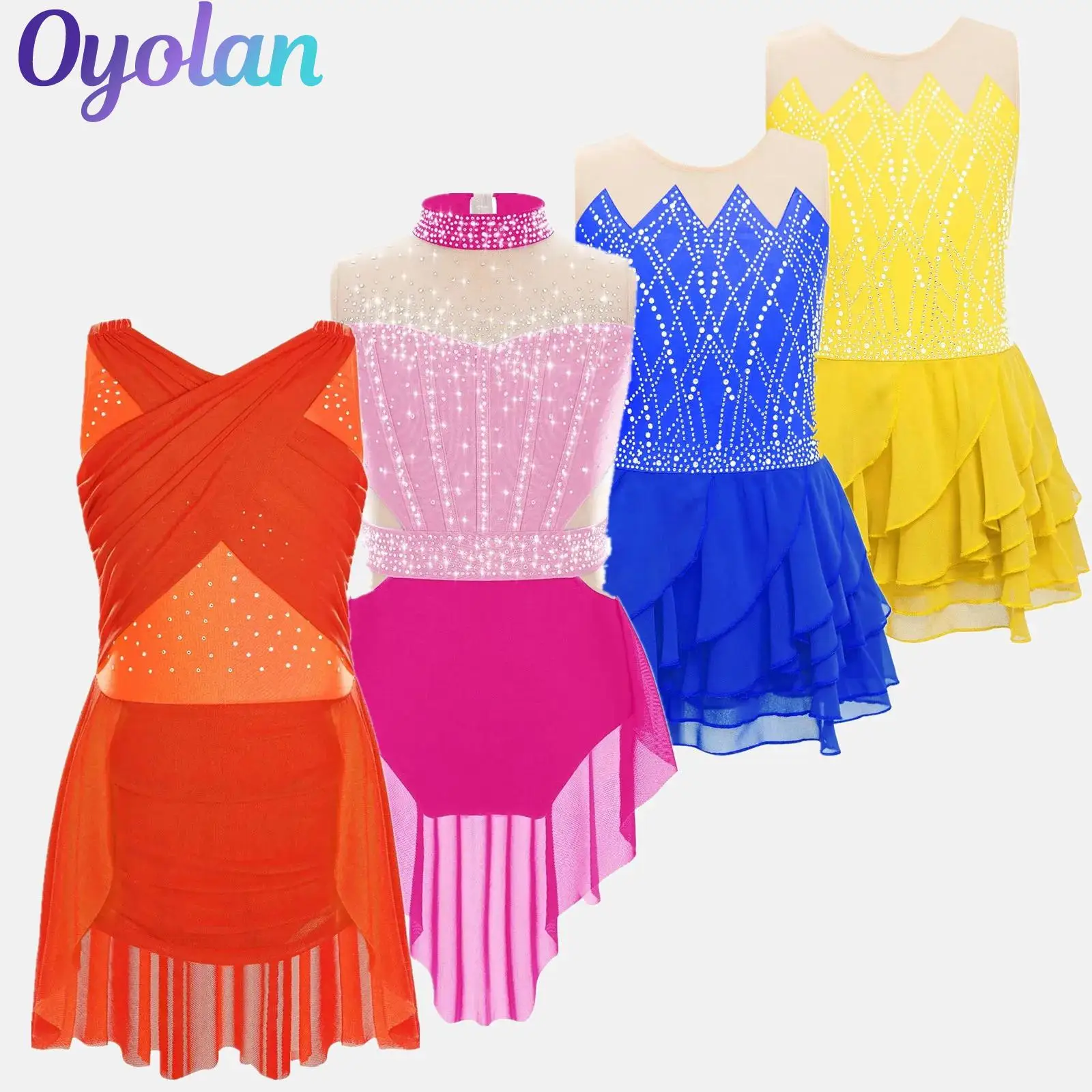 Kids Girls Shiny Rhinestones Gymnastics Figure Skating Ballet Lyrical Dance Performance Costume Mesh Skirted Leotard Dresses