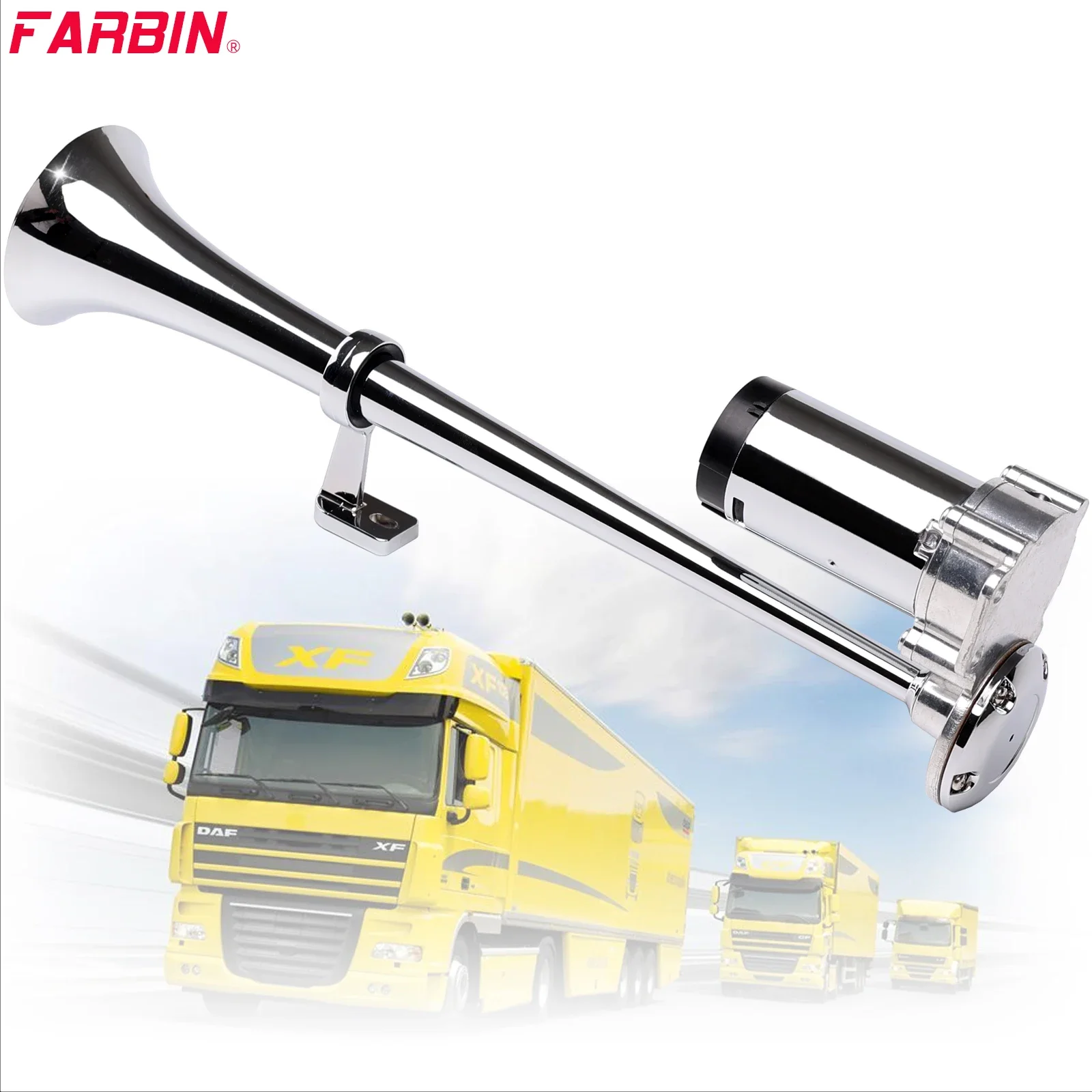 FARBIN 12V 130DB Super Loud Air Horn Chrome Zinc Single Trumpet Air Horn With Compressor Relay Harness For Car Truck Accessory