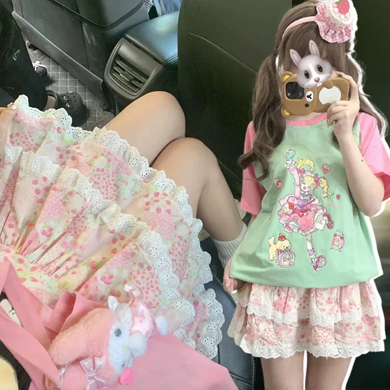 여성 플로럴 미니 스커트 카와이 여름 2025 러플 일본 Y2K 귀여운 소녀 달콤한 케이크 폼프 스커트 레이어드 숏 스커트