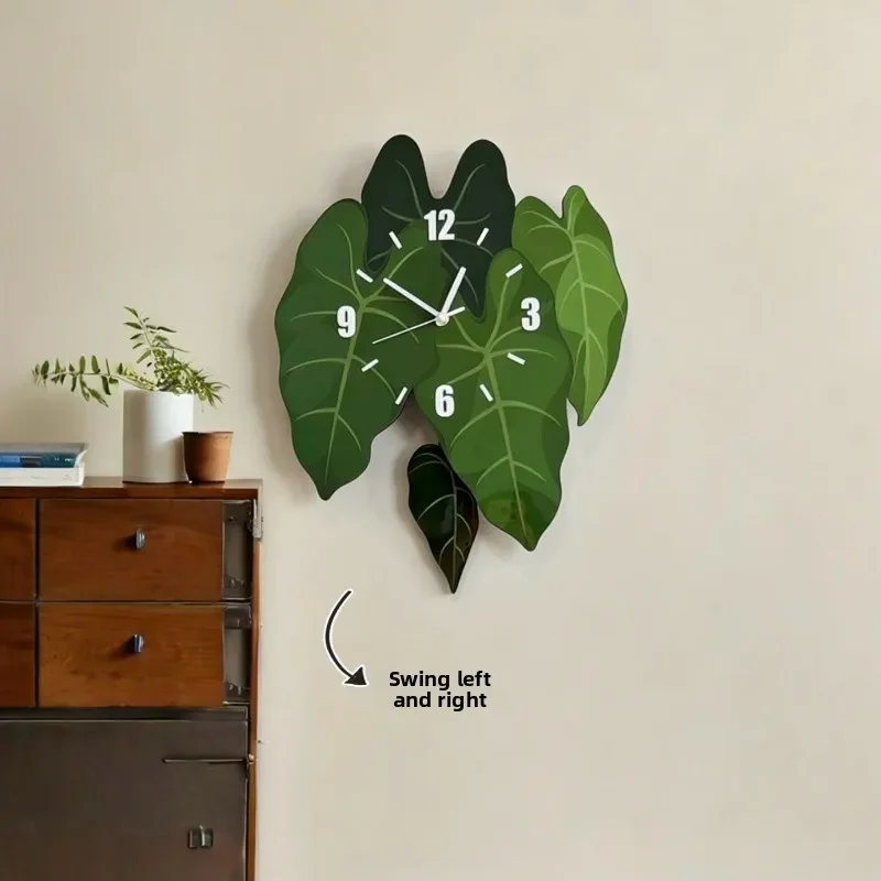 Swinging Wall Clock Creativity Tropical Green Plants Timepiece Bedroom Living Room Indoor Timepiece Home Decoration Quartz Clock