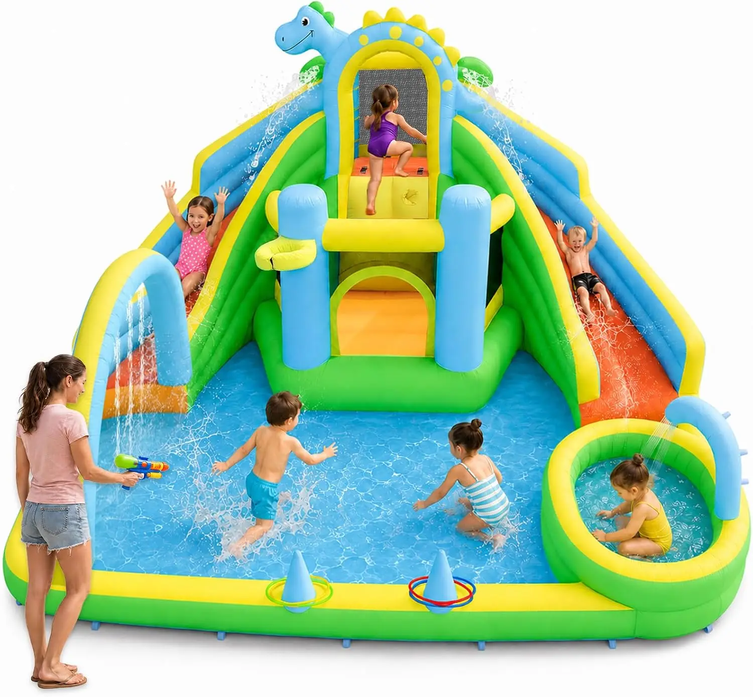 Dinosaur-Themed 8-in-1 Inflatable Water Slide Bounce House for Kids Ages 3-12, Backyard Summer Outdoor Water Park with Dual Slides, Climbing Wall, Splash Pool & Basketball Hoop, 158x168x95 in