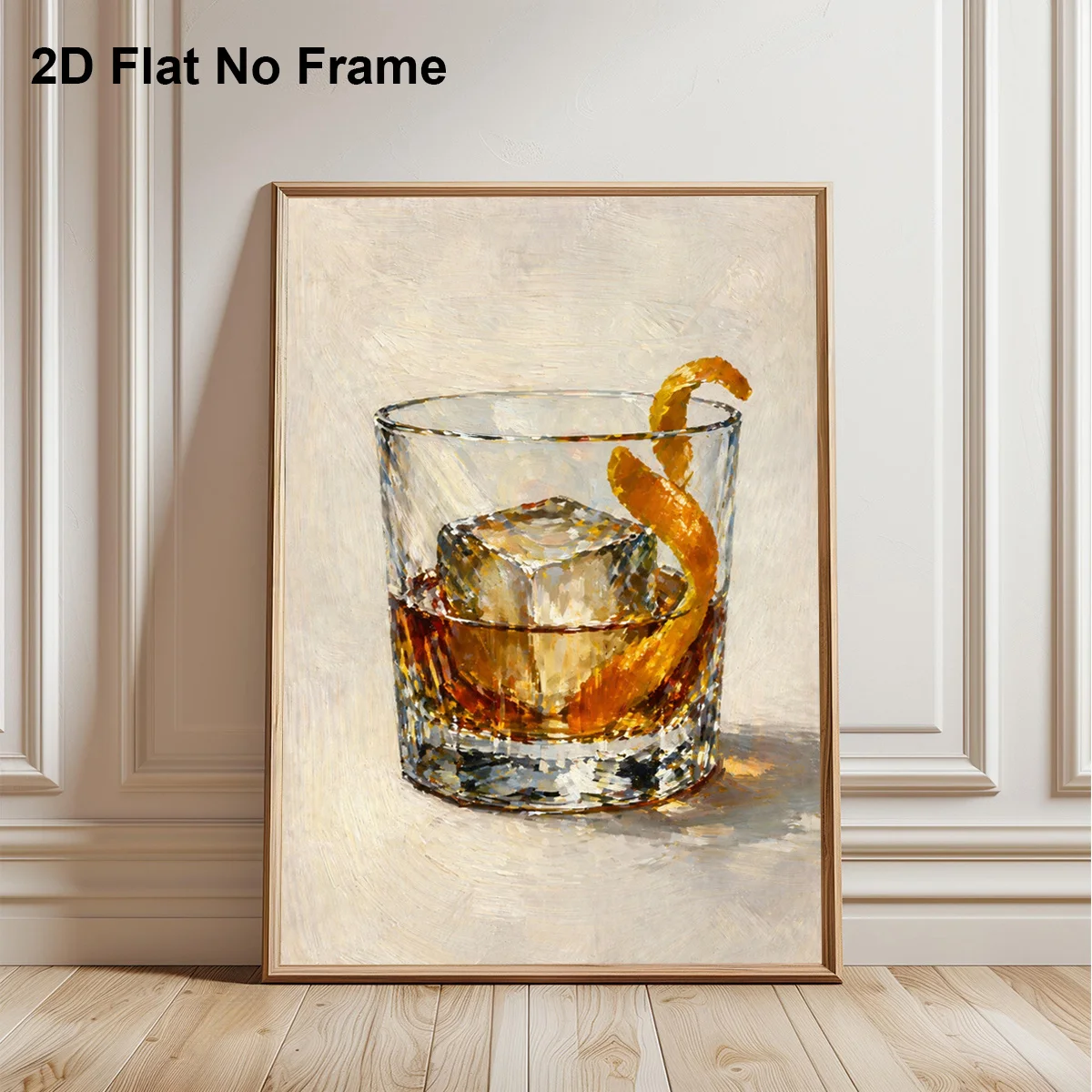 2D Flat, 2D Flat, 1pc Frameless Canvas Poster, Classic Whiskey Glass with Cube of Ice And Orange Peel Still Life Modern Art P