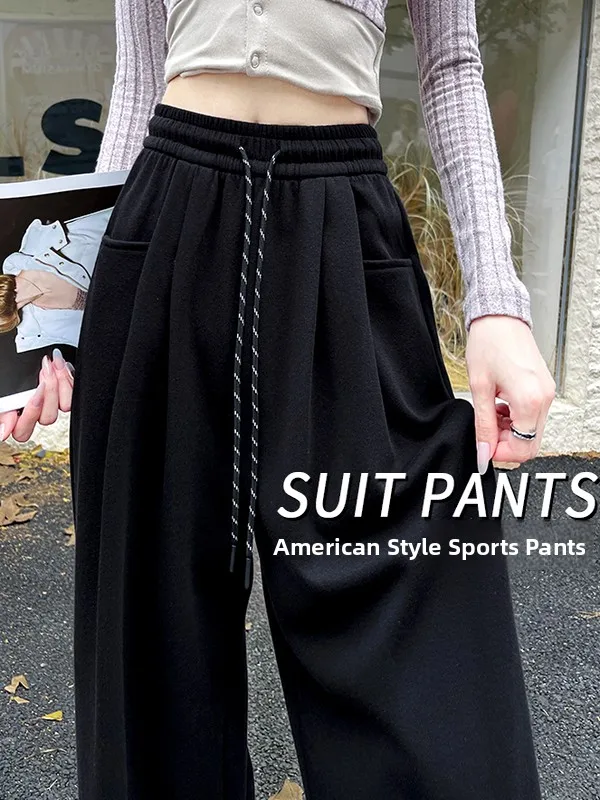 

plus Size Women's Black Sports Pants High Waist Loose Fit Spring Autumn American Style Wide Leg Pants Comfortable Casual Trou...