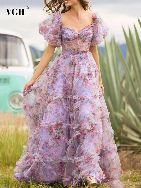 VGH floral print dresses Sweet Floral Print Dress Women Collar Sleeve High Waist Mesh Aliexpress