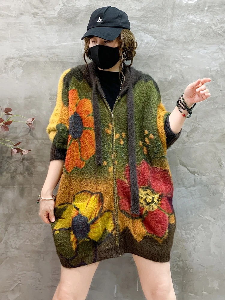 Maglieria moda femminile invernale da donna maglioni caldi con cappuccio stampati classici larghi da donna cardigan di grandi dimensioni floreali