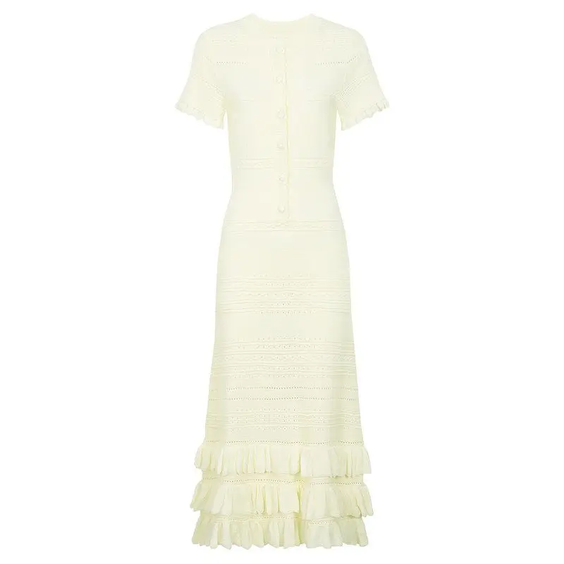 

Elegant Short Sleeve Slimming Fashionable Summer New Style Dress Wooden Ruffle mid Waist Knitted Knit Thickened Women's ...