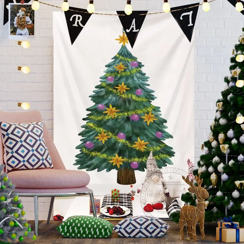 VIKAMA Wall Tapestry Painted Christmas Tree Purple Ornaments Gold Star Art Print Wall Hanging Home Decor Living Room Bedroom