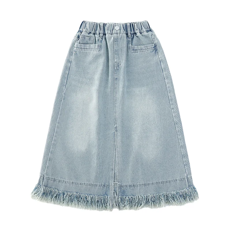 Kids Fashion Design Long Denim Skirt with Tassel for Tween Girl Trendy Streetwear Outfit Teen Child Casual Jeans Skirt With Slit