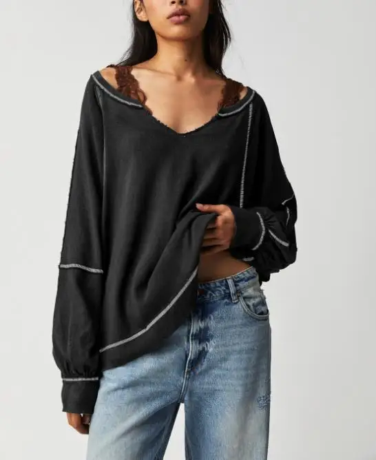 

2026 New Fashion Casual Elegant Sexy Popular Women's Personalized V-Neck Decorative Line Top with Loose and Lazy Style Hoodie