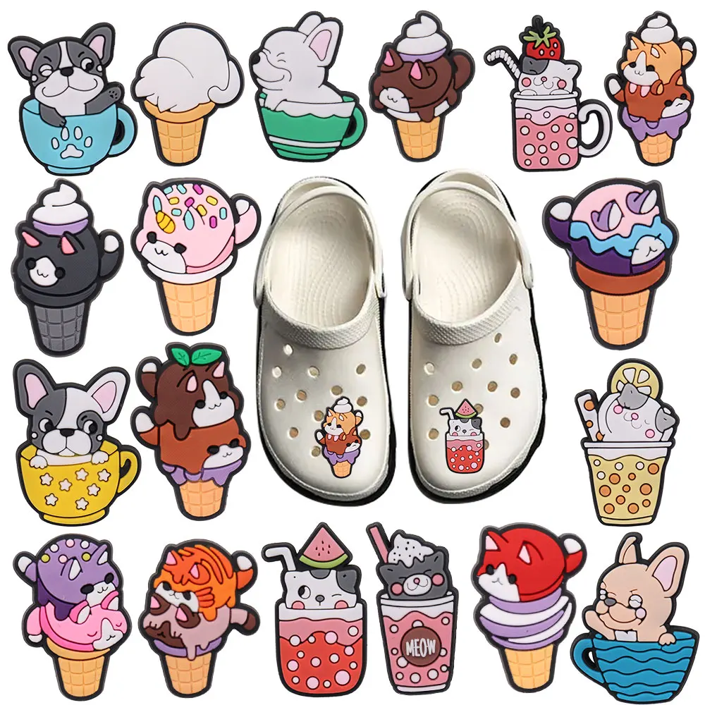 Mix 50pcs PVC Kawaii Cartoon Drinks Ice Cream Dog Strawberry Watermelon Lemon Shoe Charms Accessories Decorations Kid Party Gift