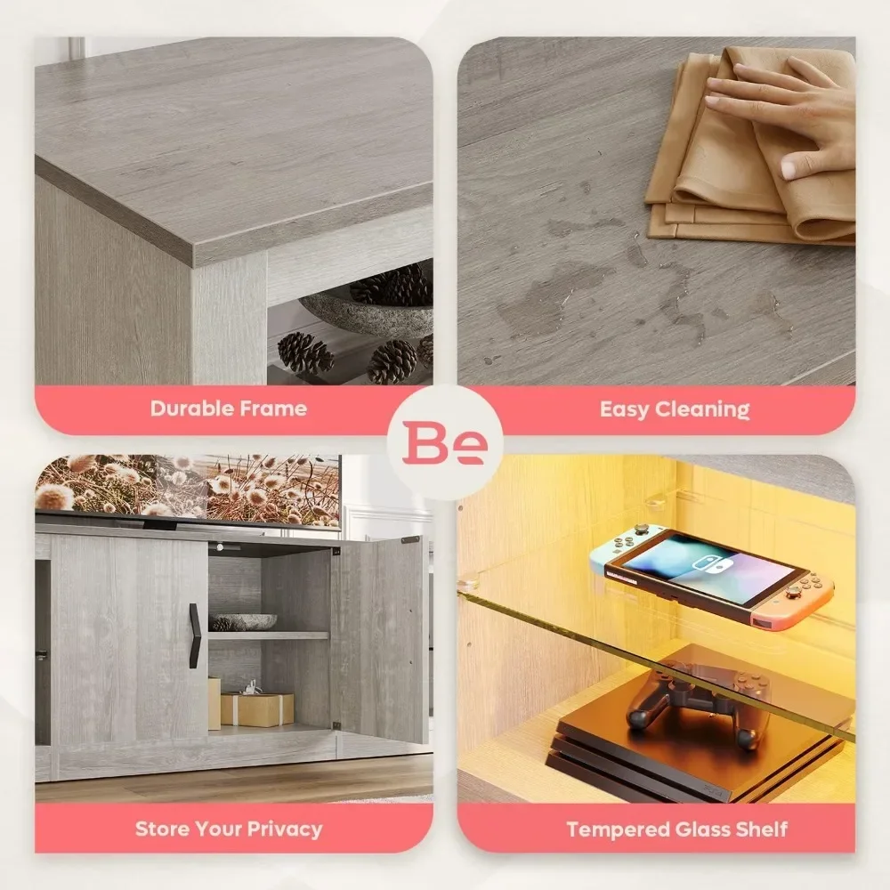 Suporte de TV LED de 70 polegadas para TV de 75 polegadas Grande centro de entretenimento para jogos com prateleiras de vidro ajustáveis Dois armários modernos