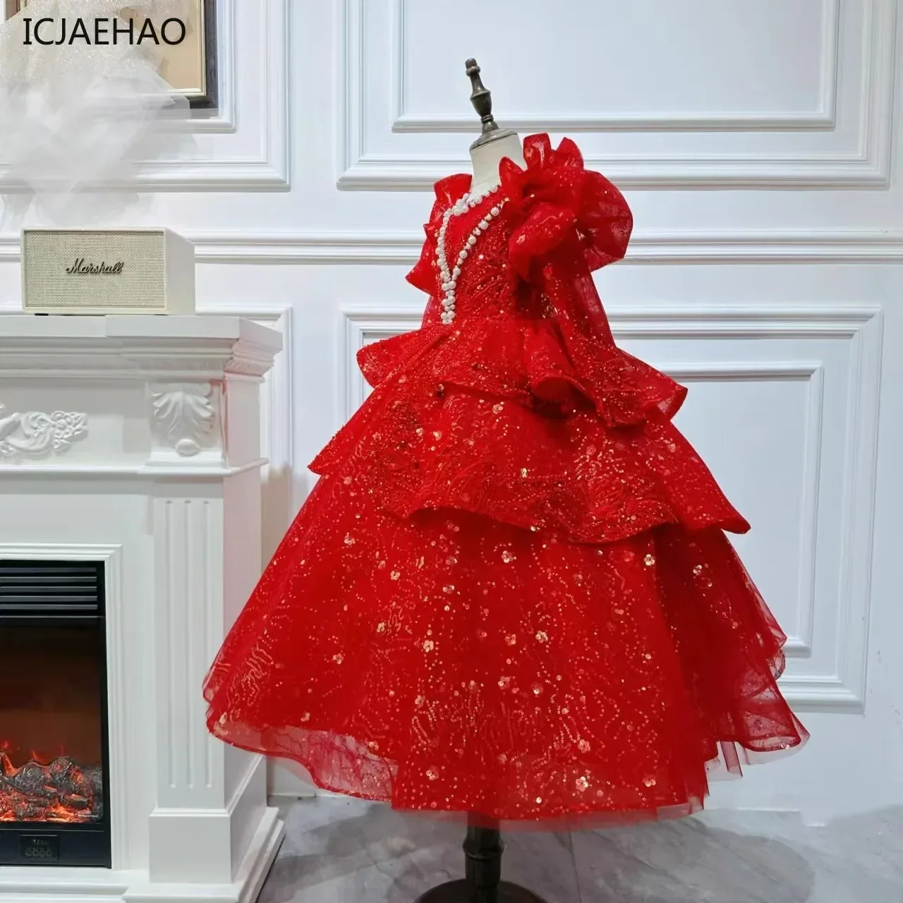

2025 Kids Dress Performance Outfit Girls Flower Gown Red Party Clothes Kids Girl Birthday Princess Dresses Sparkly Sequin Puffy