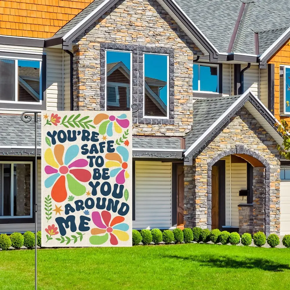 Perfectinsoy You are Safe to Be You Around Me Funny Garden Flag, Colorful Gay Pride Month Equality Banner, Welcome Yard Farm AAS