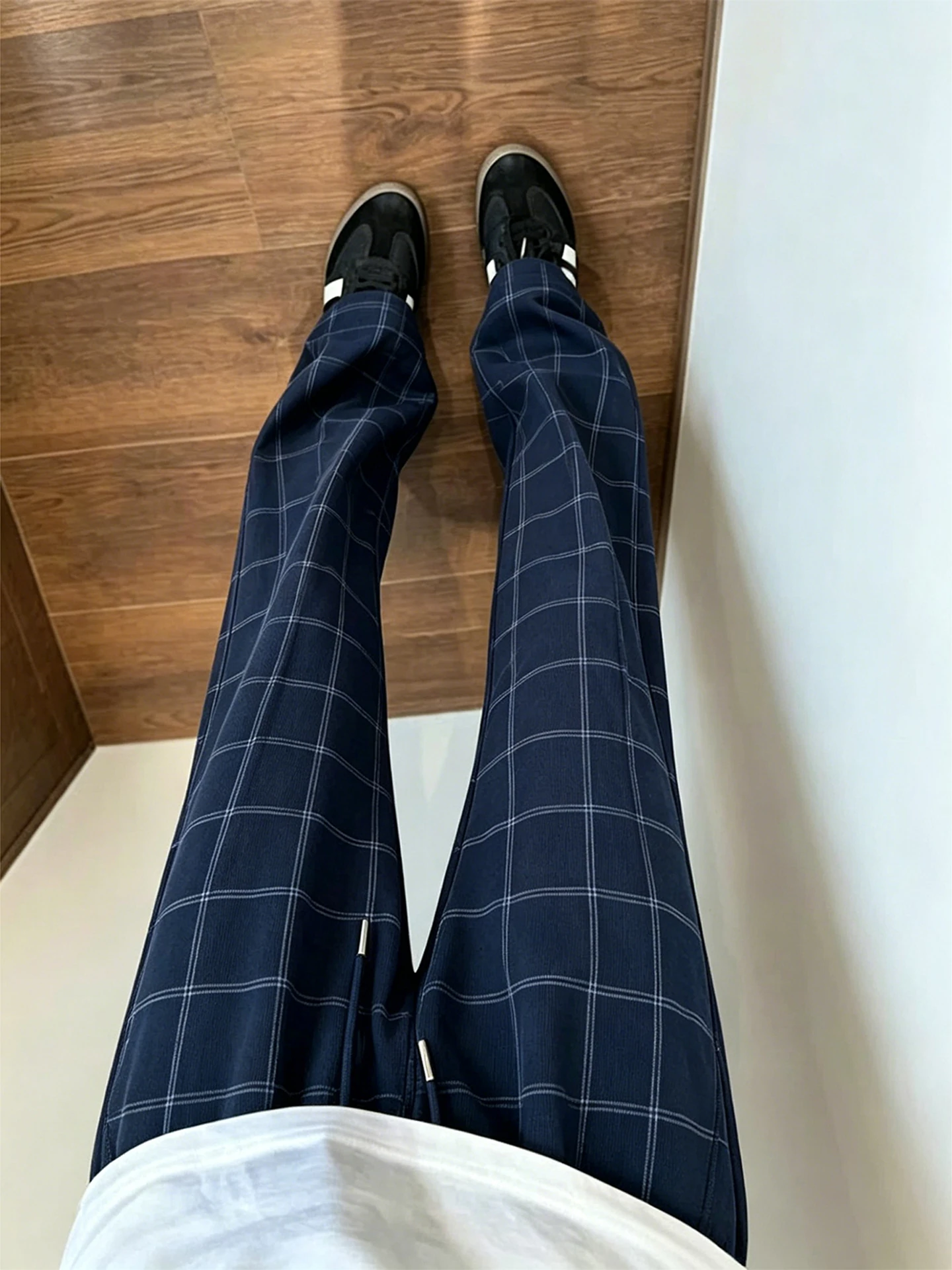 American Retro Summer Thin Breathable Sports Straight Leg Pants Cleanfit Casual Flared Pants Dark Blue Plaid Casual Pants
