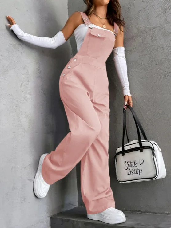 Vintage Pocket Solid Overalls Loose Casual Fashion Strap Overalls Retro Wide Leg Workwear Jumpsuit Chic Utility Dungarees