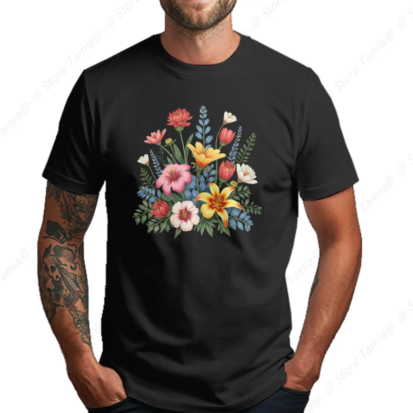 

Floral Pattern Men's Crew Gram Short - Sleeve T - Shirt with Chest Heat Transfer Printing Soft Feeling